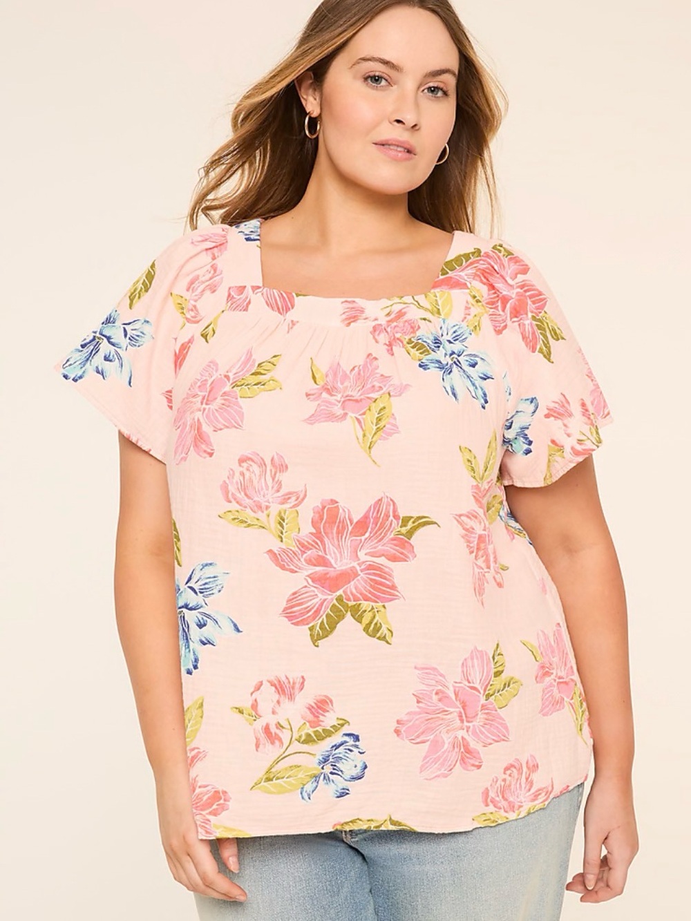 Lane Bryant Pink Floral Square-Neck Gauze Blouse
